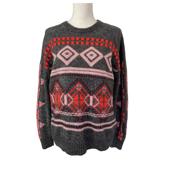 J Crew Womens Fair Isle Wool Mohair Blend Sweater Size L Gray Nordic Preppy - Picture 1 of 8